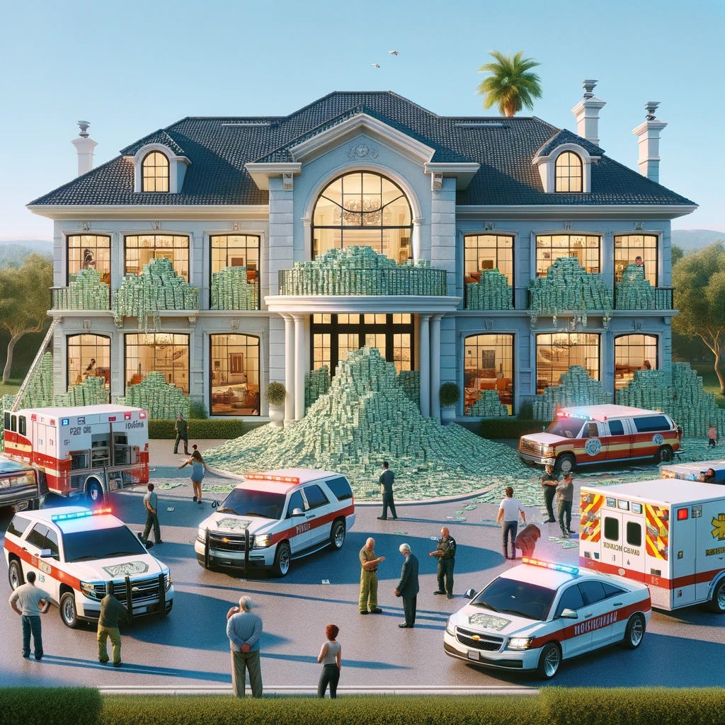A luxurious mansion with numerous rooms visible through large windows, each filled with stacks of green dollar bills reaching towards the ceiling.
