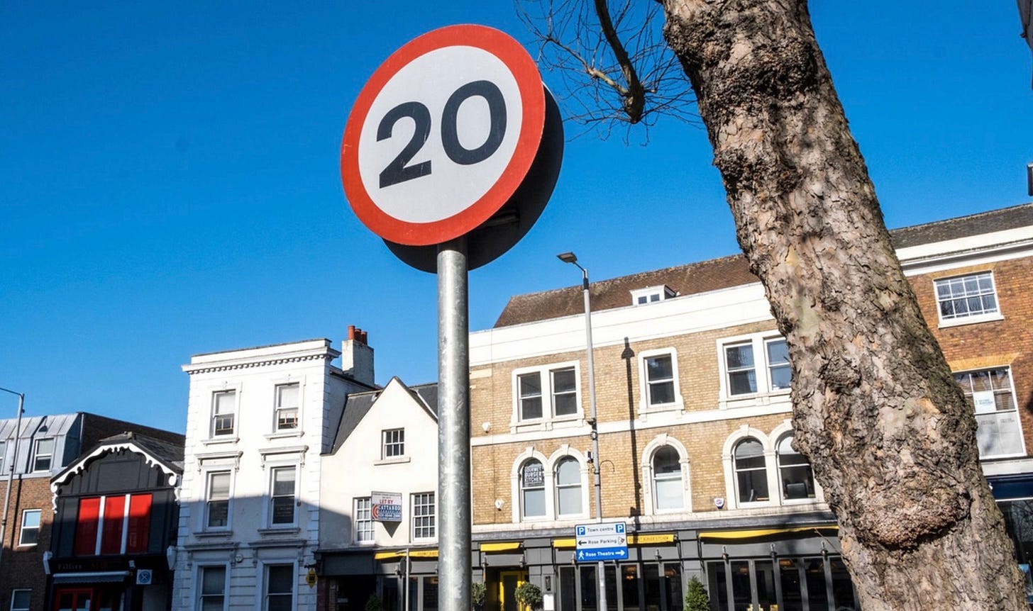 20 mph signs are ubiquitous in London these days. 20 mph signs are ubiquitous in London these days.
