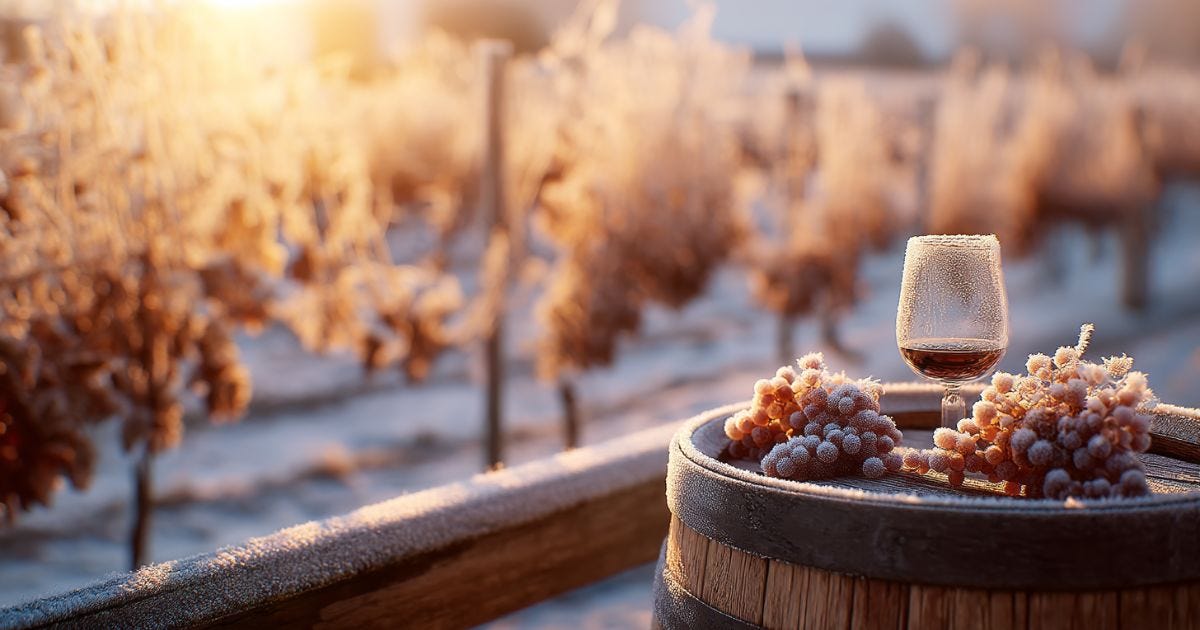 Frozen Vidal grapes in a Canadian vineyard at sunrise, ready for ice wine harvest. Frozen Vidal grapes in a Canadian vineyard at sunrise, ready for ice wine harvest.