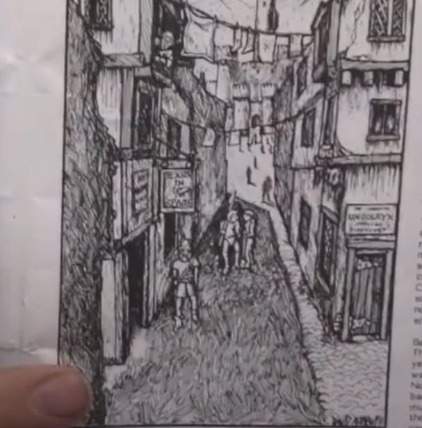 A street from the Warhammer world showing a tavern called Slann in Space