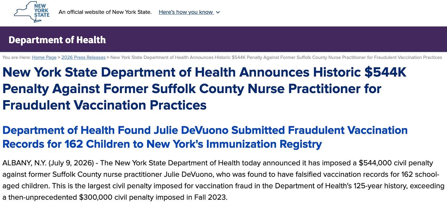 Julie DeVuono has to pay a $544,000 fine for her 2023 vaccine fraud involving falsified vaccine records.