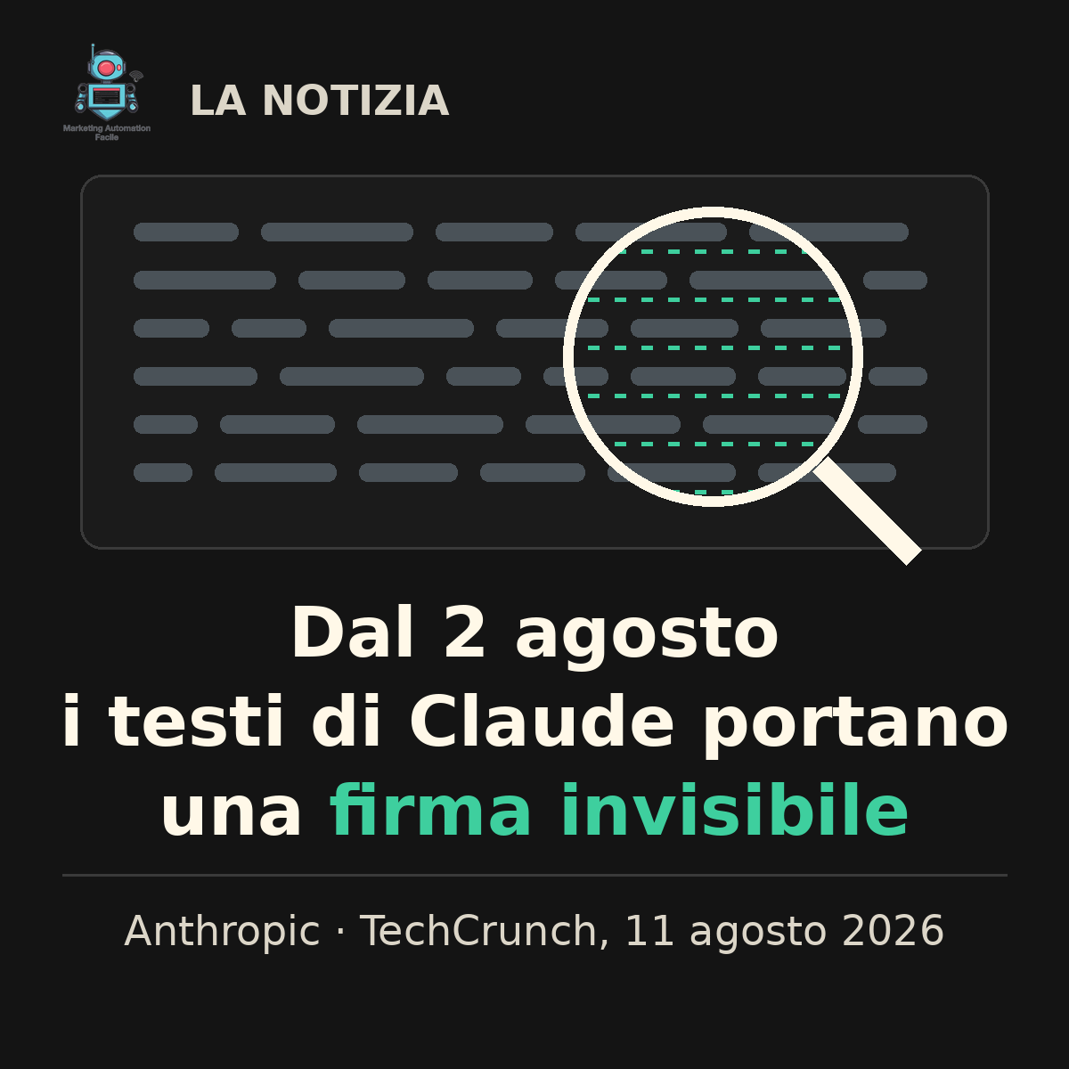Documento con lente d'ingrandimento che rivela la firma invisibile nei testi di Claude, notizia di Anthropic e TechCrunch Documento con lente d'ingrandimento che rivela la firma invisibile nei testi di Claude, notizia di Anthropic e TechCrunch