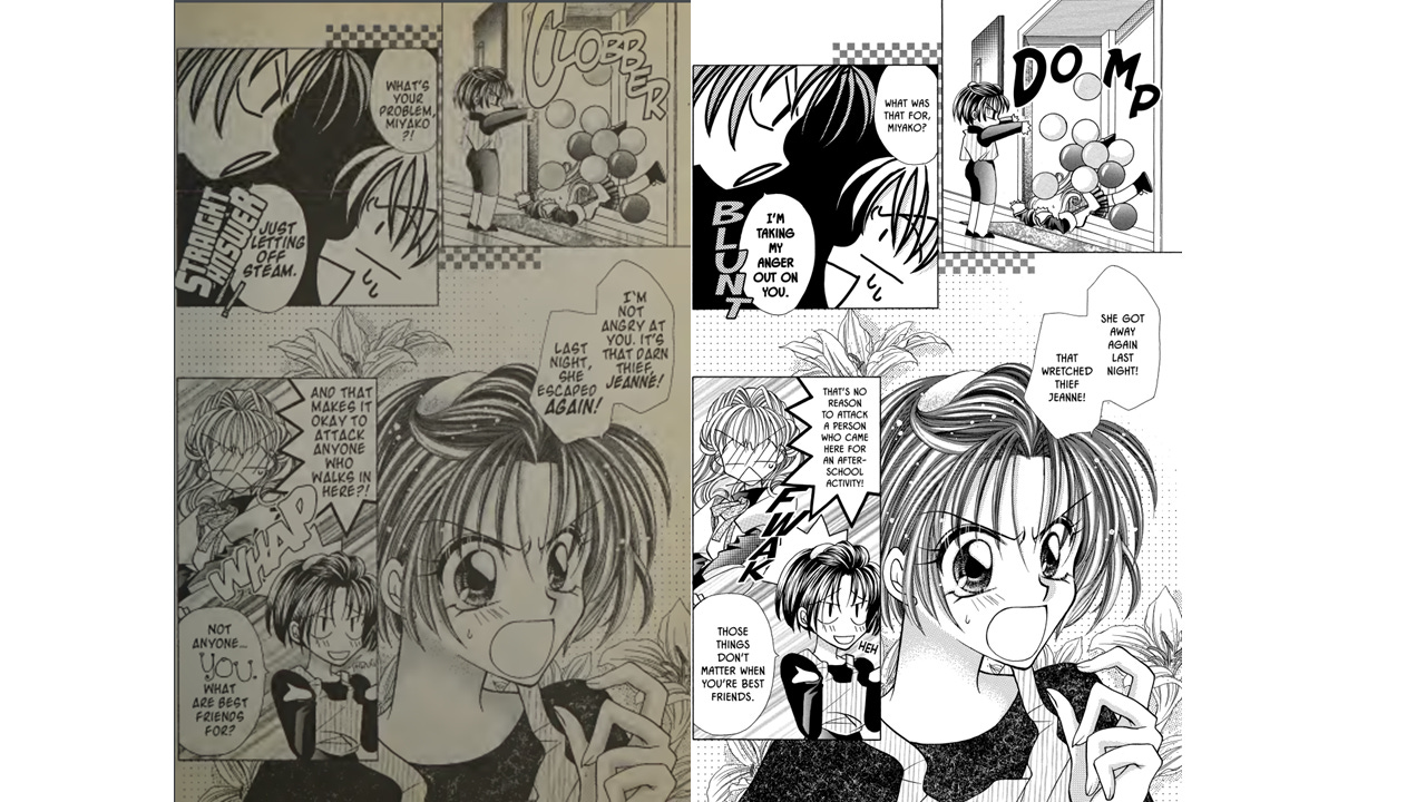 2nd page from "Kamikaze Kaito Jeanne." The CMX translation is on the left, the Viz on the right.