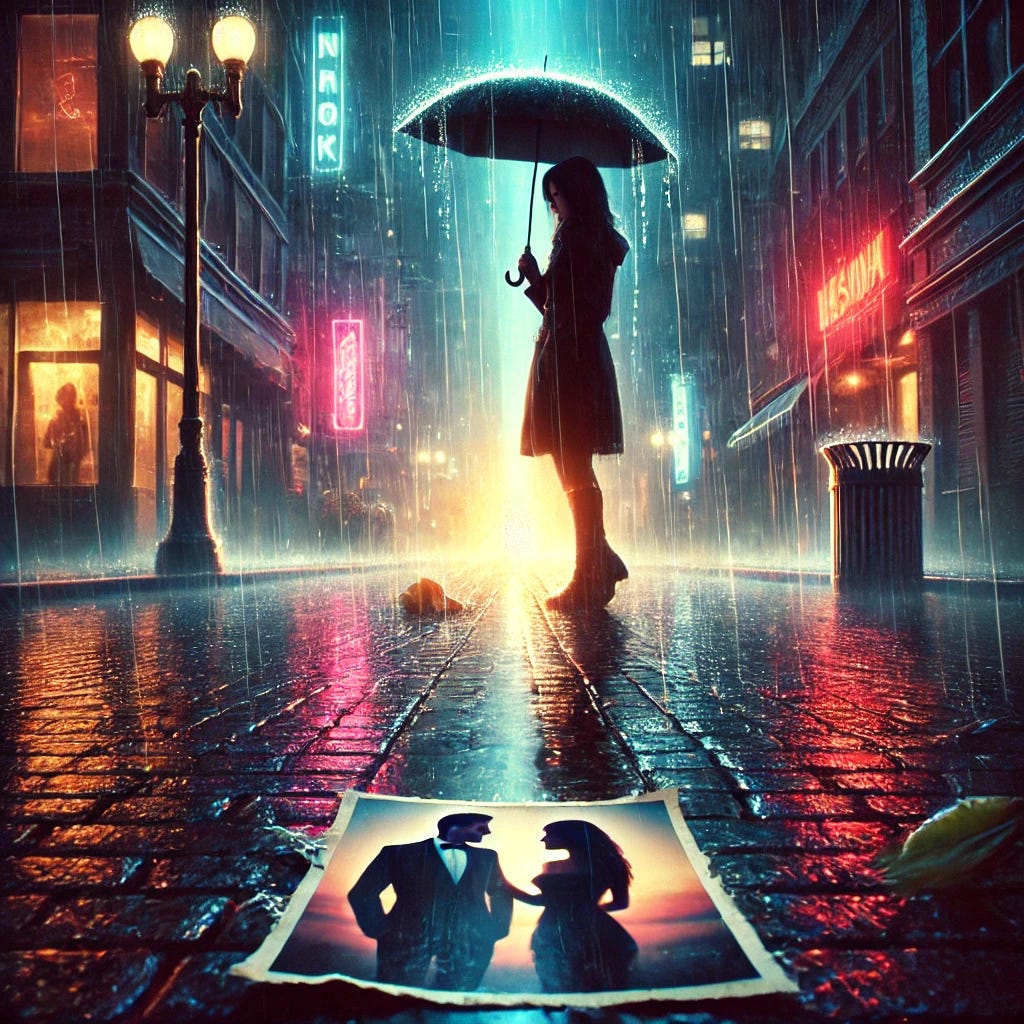 A highly detailed, realistic digital painting of a person standing alone on a rainy city street at night, holding an umbrella while looking down in deep contemplation. A torn photograph of a couple lies at their feet, symbolizing a painful breakup. Neon lights from nearby buildings cast a moody glow on the wet pavement, reflecting the bittersweet emotions of heartbreak and self-discovery. The atmosphere is melancholic yet subtly hopeful, with a distant warm light hinting at a new beginning.