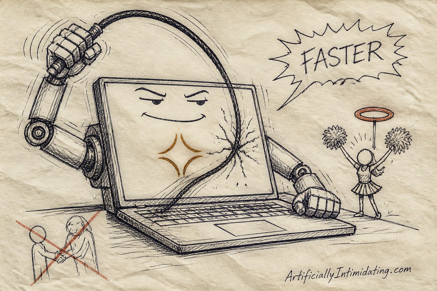 A smug robot laptop with a rust-orange sparkle on its screen while a giant whip cracks across the display and a speech bubble reads FASTER, with a small cheerleader beside it and a crossed-out handshake sketch.