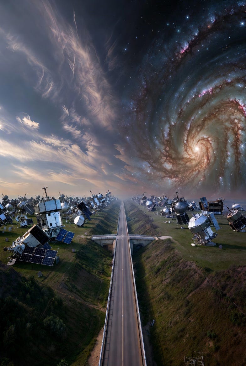 A symbolic bridge connects a graveyard of old satellites to a cosmic scene, representing technological obsolescence and future exploration.