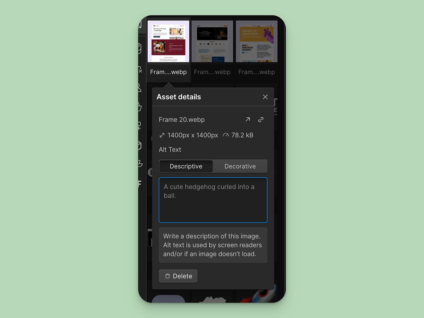 Setting image alt tag in Webflow’s Asset panel