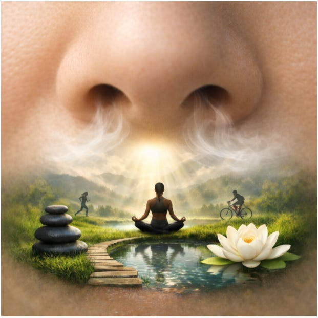 Illustration of breath flowing from a nose over a peaceful landscape with a person meditating by water, symbolizing the calming power of breathing.