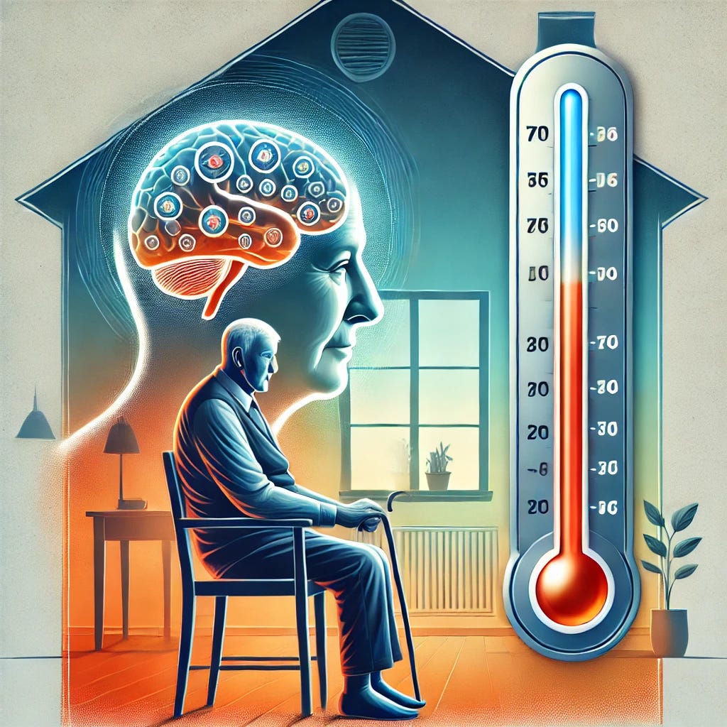 A professional medical illustration showing the impact of home ambient temperature on cognitive function in older adults. The image features a stylized depiction of an elderly person sitting indoors, with a thermometer displaying a temperature range. The background transitions from a cool blue on one side (representing lower temperatures) to a warm orange-red on the other (representing higher temperatures). A subtle brain overlay symbolizes cognitive function, with attention indicators fading in extreme temperature zones. The style is clean, modern, and informative, reinforcing the study’s findings.