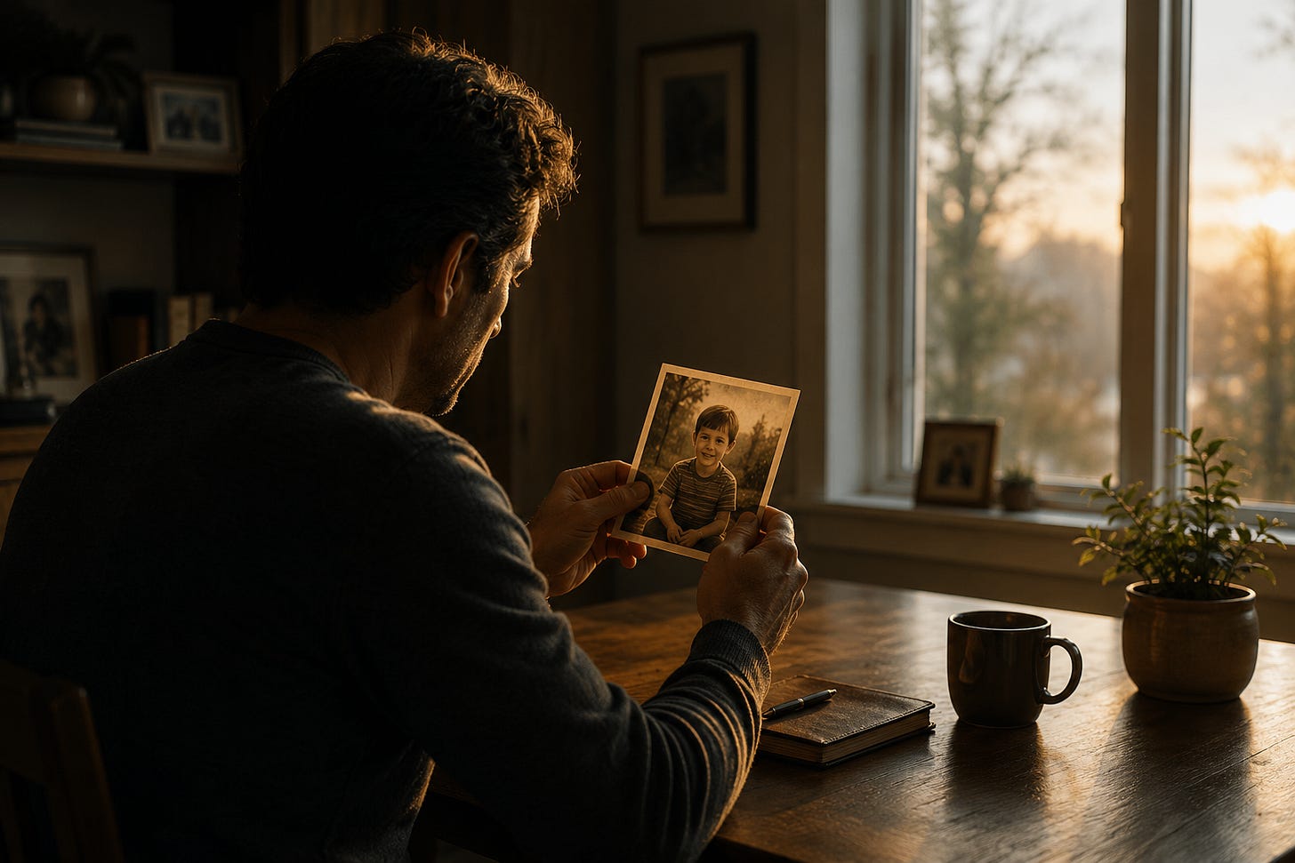 An adult sits at a wooden table at sunrise, holding an old photograph of himself as a young boy. Warm morning light fills the room, illuminating a journal, a coffee mug, and a small plant nearby. The scene evokes reflection, memory, and the quiet question of how adulthood can distance us from the people we once were.