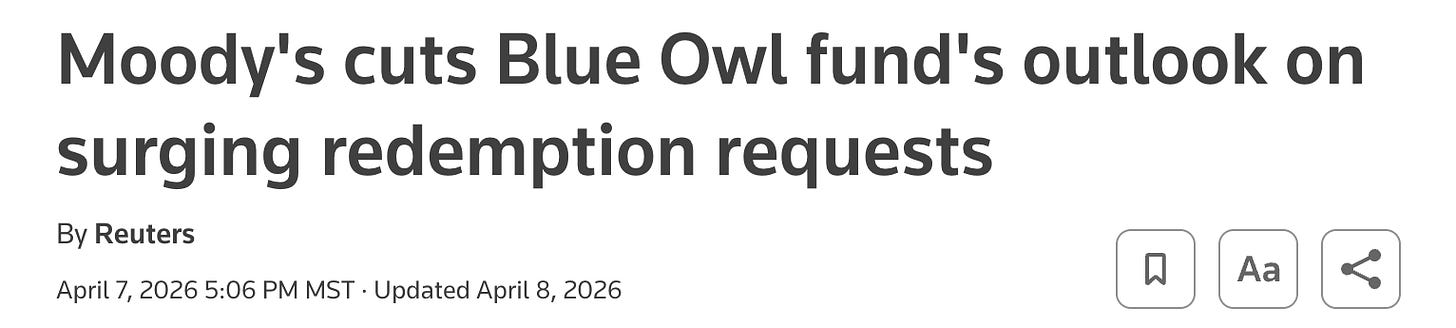 Reuters news headline about Moody's downgrading Blue Owl fund outlook due to redemption surge