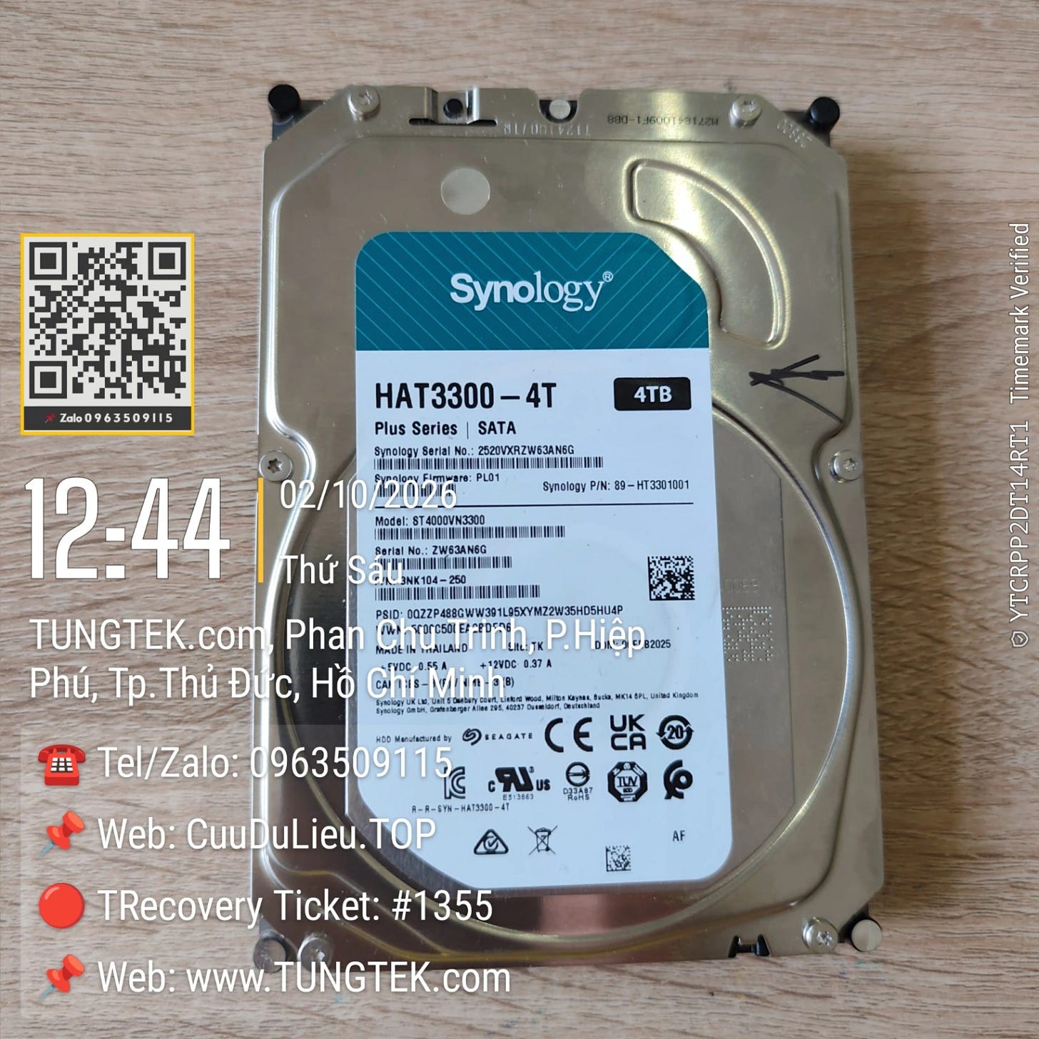 Ảnh tiếp nhận thực tế Ticket 1355 - ổ Synology HAT3300-4T