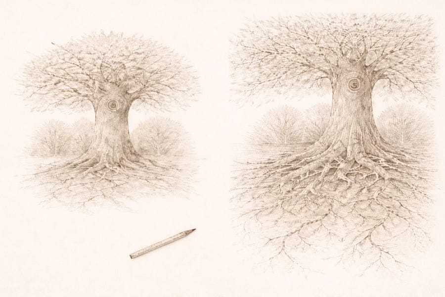 Two simple pencil sketches of Sorcha’s: the first with a simple sketch of the oak tree; the second sketch has branches and roots extending beyond the page. © 2026 Kim West. All rights reserved. Designed by Kim West for Sanctuary and created with AI assistance; may not be reproduced or used without permission.