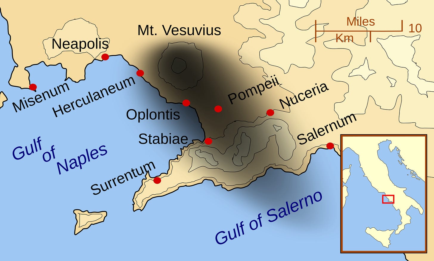 Map of the Bay of Naples in 79 AD showing Vesuvius, Misenum, Pompeii, Herculaneum and Stabiae with the ash fall of the eruption