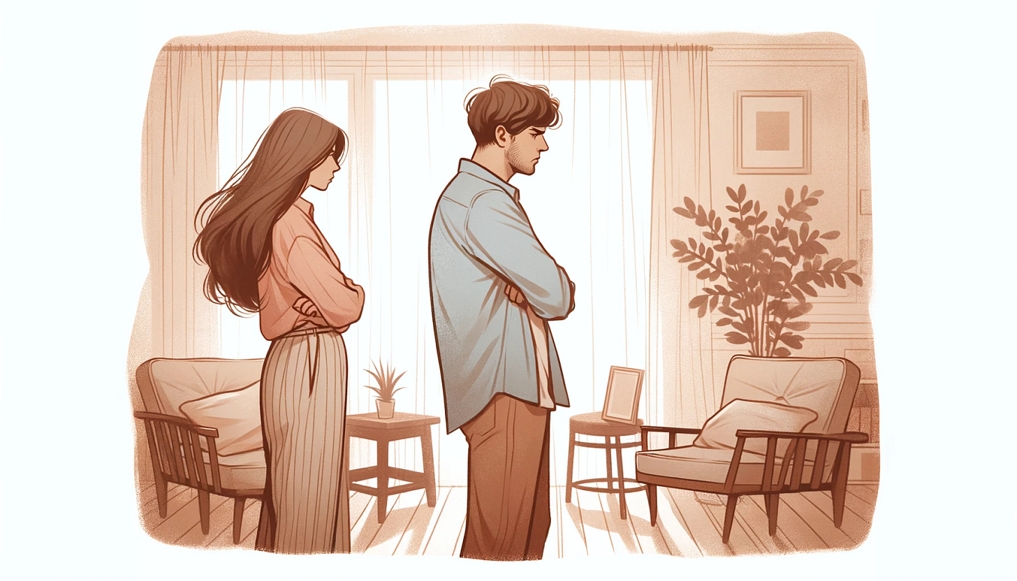 An illustration in a soft, flowy art style of a man and a woman indoors, facing away from each other with a clear gap between them. They appear upset and angry, with body language that suggests a lack of communication and tension. The room is furnished modestly with a couple of chairs and a plant, evoking a domestic setting. The ethnicity of the man and woman is ambiguous and not well-defined, with the intent of being relatable to a wide audience. The artwork should be landscape orientation.