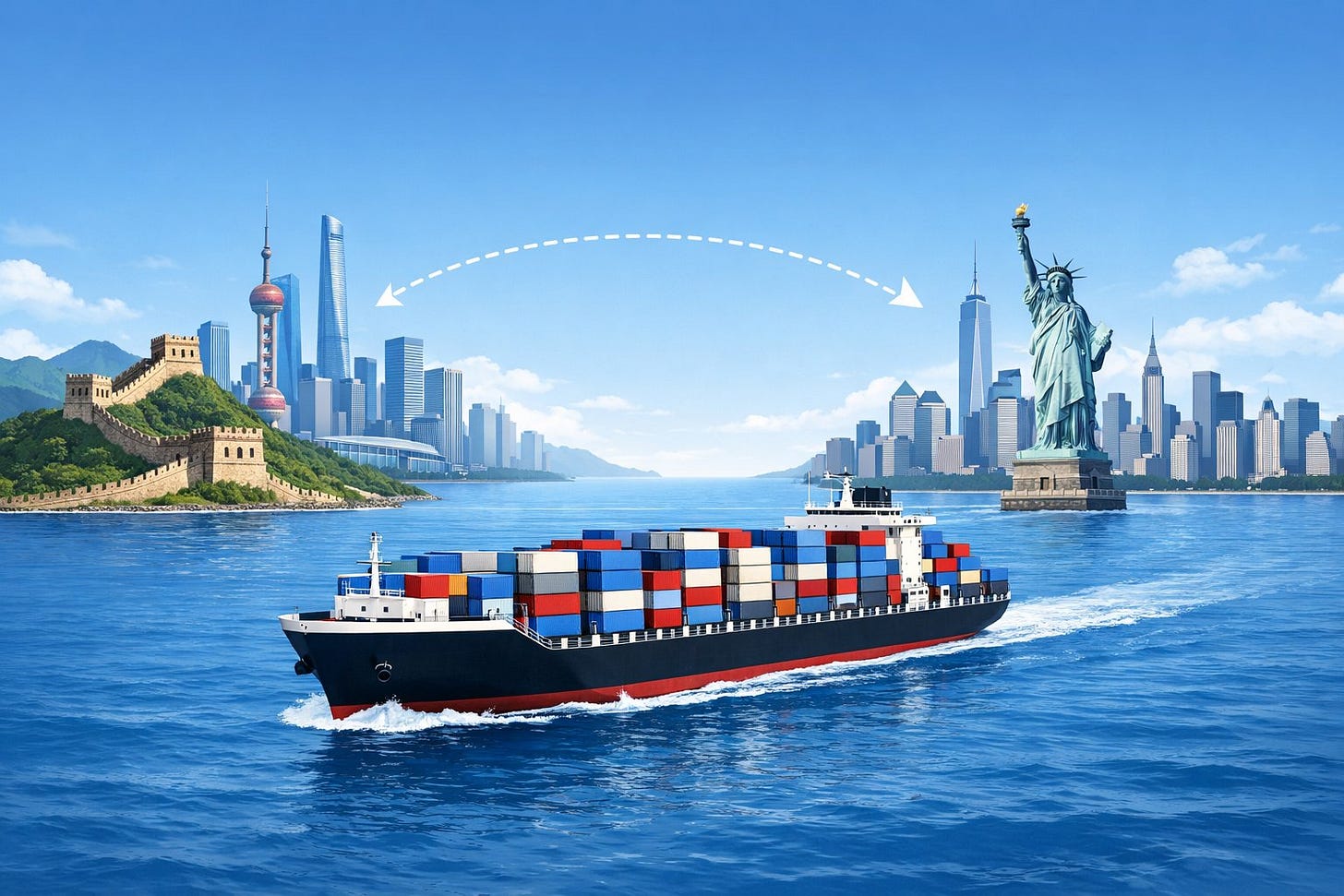A cargo ship carrying containers sails across the ocean between landmarks representing China and the USA. A cargo ship carrying containers sails across the ocean between landmarks representing China and the USA.
