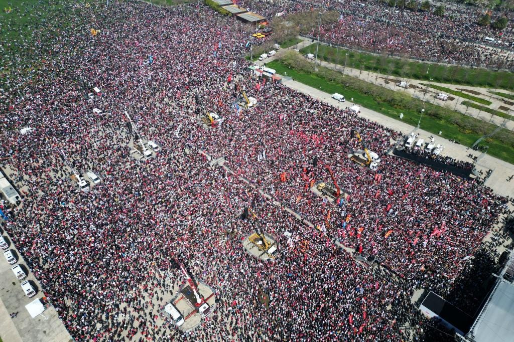 A large crowd gathered during a rally called by the CHP, Turkey's main opposition party, in support of Istanbul's arrested mayor in Maltepe, on the outskirts of Istanbul. 