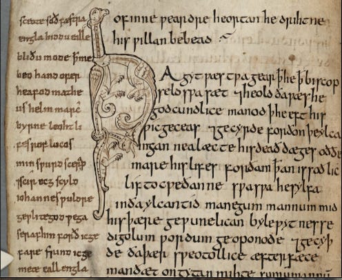Image of a medieval manuscript page with a draconic initiated capital
