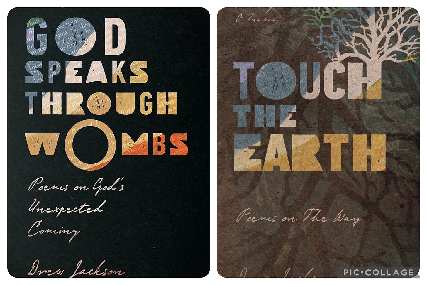 two book covers side by side, both by Drew Jackson. On the left is "God Speaks Through Wombs" and on the right is "Touch the Earth." Both books have a dark (black or dark grey) background with the words in multi-colored earth tones. The second book has a tree in the top corner with faint roots that reach across the rest of the cover