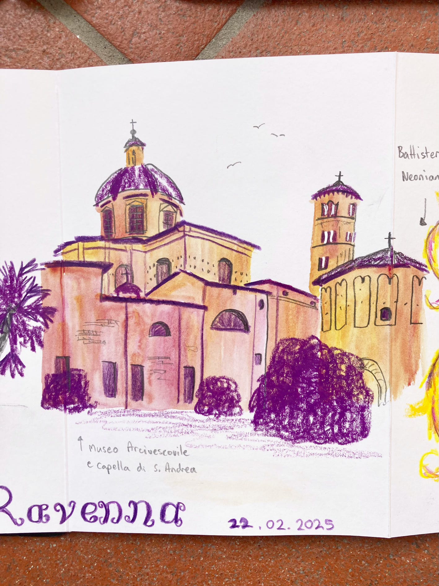 Purple and yellow watercolour and pencil sketch by Illustrator Hannah Sanguinetti of the Museo Arcivescovile, Capella di Sant’Andrea and Battistero Neoniano in Ravenna, Italy.