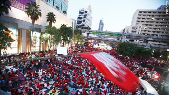 Anti-government protesters clog the streets of a busy shopping district forcing the closure of the malls on April 5, 2010. Anti-government protesters clog the streets of a busy shopping district forcing the closure of the malls on April 5, 2010.