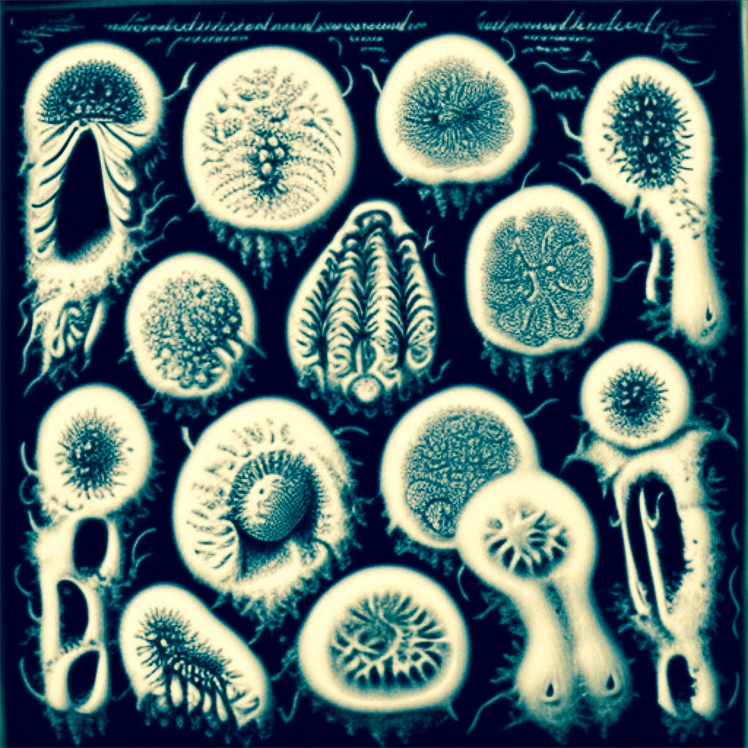 AI generated ghost spores from a Haekel prompt.  Ghostly white and dark blue organic shapes with mock script around them