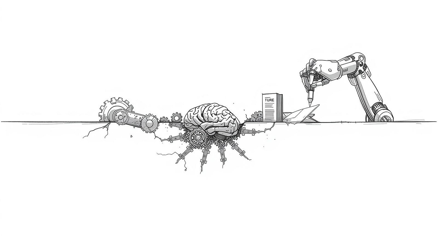 Robotic arm breaching the line between physical machinery and cognitive tools above