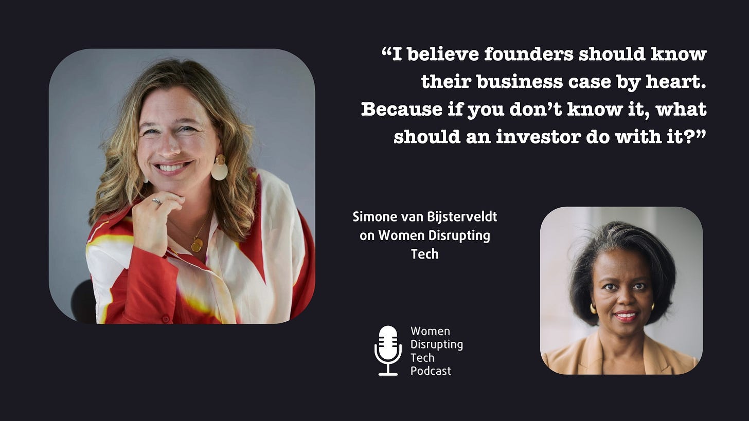 Pictures of Simone van Bijsterveldt (left) and Marian Spier (right) with a quote from episode 110 of the podcast Women Disrupting Tech titled 'How FEM-Start Helps Female Founders Get Funded'. The quote is from Simone.