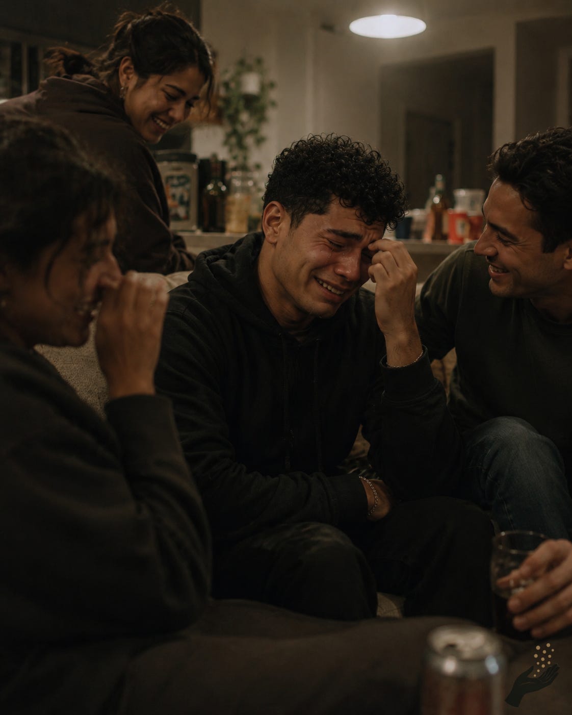 A young man sits with a small group of adult friends, crying while also smiling or laughing. The friends sit close around him in a warm living room or gathering space, appearing relaxed, supportive, and engaged.