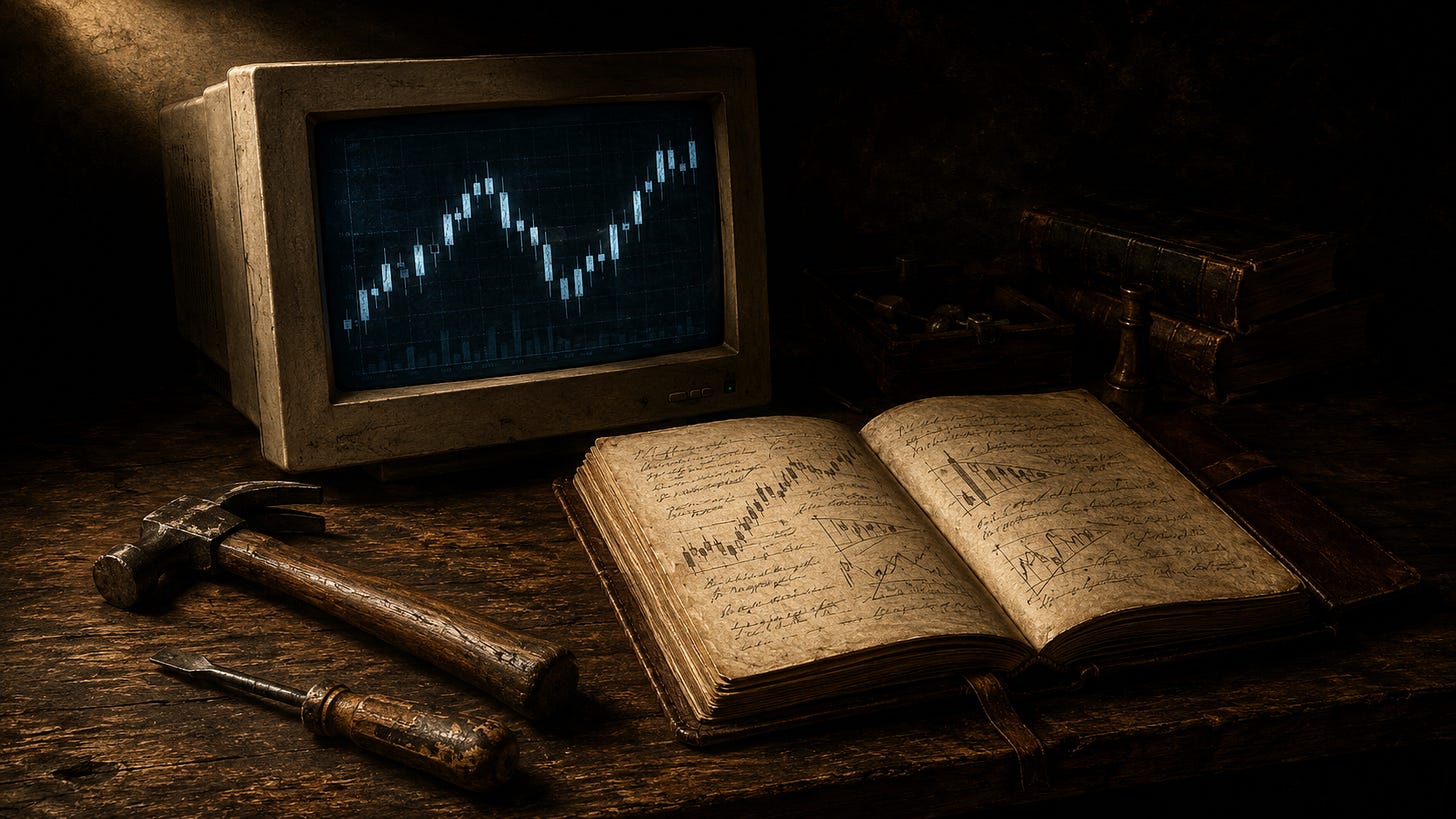 A dark wooden workbench painted in 17th-century Caravaggio chiaroscuro style: an older CRT-style computer monitor displays a candlestick stock chart in faint blue-white light, beside an open leather-bound notebook filled with handwritten trading notes and small sketched chart patterns. In the foreground, a worn claw hammer and a chipped wooden-handled flathead screwdriver lie on the bench. A stack of old leather-bound books sits at the far edge.