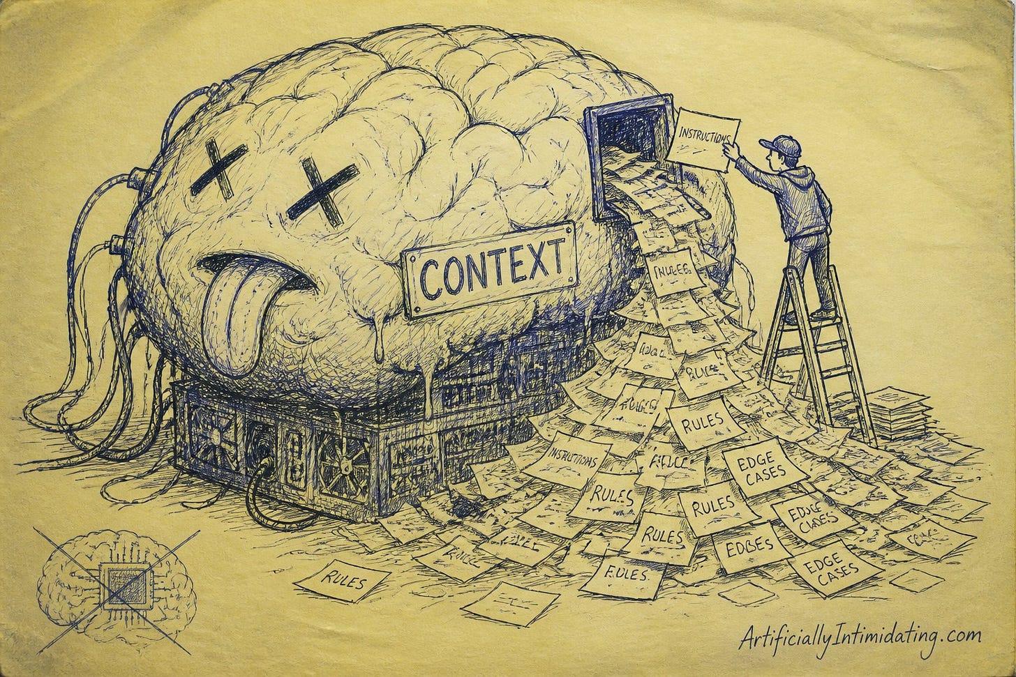 Editorial cartoon: a sagging brain-computer labeled CONTEXT with X eyes overflows with instruction notes as a tiny user crams in more.