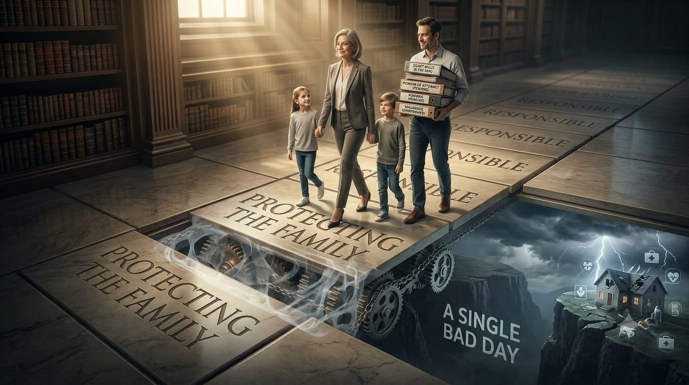 Cinematic editorial photograph of a family walking together across marble floor panels inscribed with "PROTECTING THE FAMILY." The man carries a stack of uncompleted documents while mechanics and gears are visible beneath the shifting path. In the adjacent abyss, a damaged house sits under a stormy sky with lightning, labeled "A SINGLE BAD DAY."