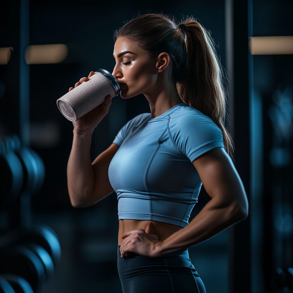 Strong female athlete wearing blue drinking a protein shake in the gym. Strong female athlete wearing blue drinking a protein shake in the gym.