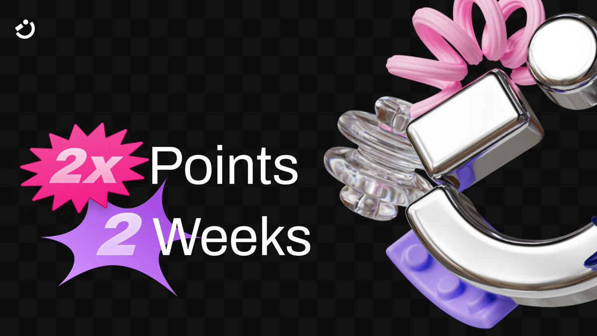 A stylized graphic with a metallic and colorful design, including a large silver curved object, pink and purple ribbons, and transparent circular elements. Text overlay reads "2x Points 2 Weeks" in purple and pink, with a starburst graphic next to "2x." A small circular watermark is present in the top left corner.