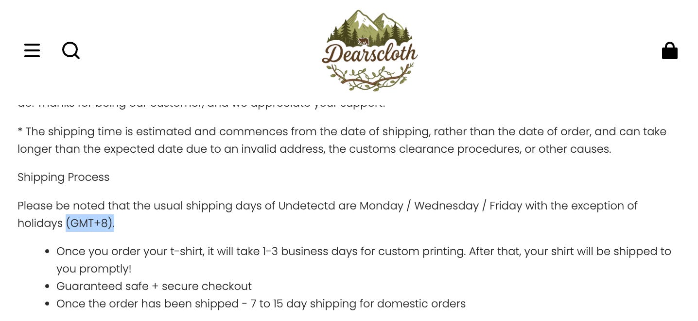 screenshot of a section of the Dearscloth shipping policy mentioning GMT+8