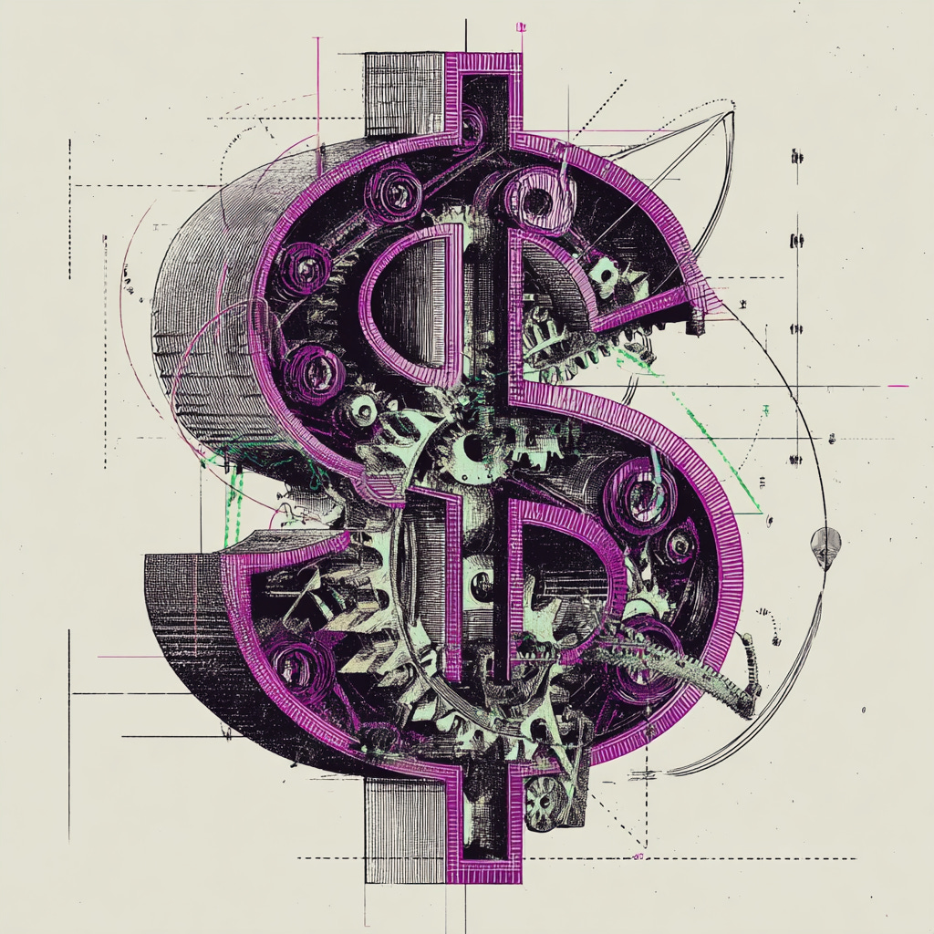A graphical key visual with a 3d dollar sign made from machine gears in the style of a colorful black and white very thin lines sketch with one accent color on the main subject — Use for accent colors pink #e11a72 and green #65a30d color. The rest of the image should be black and white. If the user ask for anothe accent color, change it accordingly. — The image orientation should be square. — The style should be conceptual image, close-up focus, with juxtaposition and vivid accent color contrast A graphical key visual with a 3d dollar sign made from machine gears in the style of a colorful black and white very thin lines sketch with one accent color on the main subject — Use for accent colors pink #e11a72 and green #65a30d color. The rest of the image should be black and white. If the user ask for anothe accent color, change it accordingly. — The image orientation should be square. — The style should be conceptual image, close-up focus, with juxtaposition and vivid accent color contrast