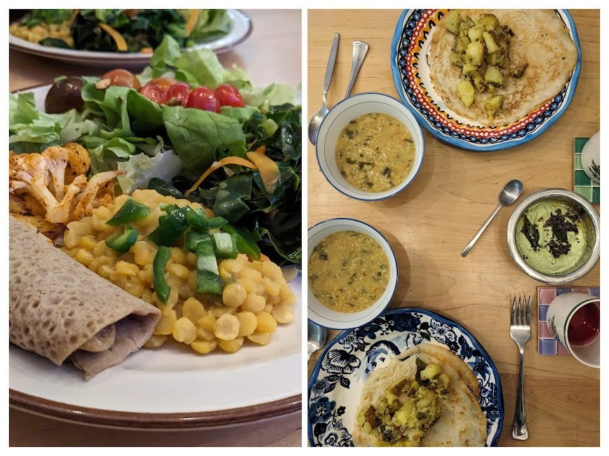 photo duo of Ethiopian food and South Indian dosas