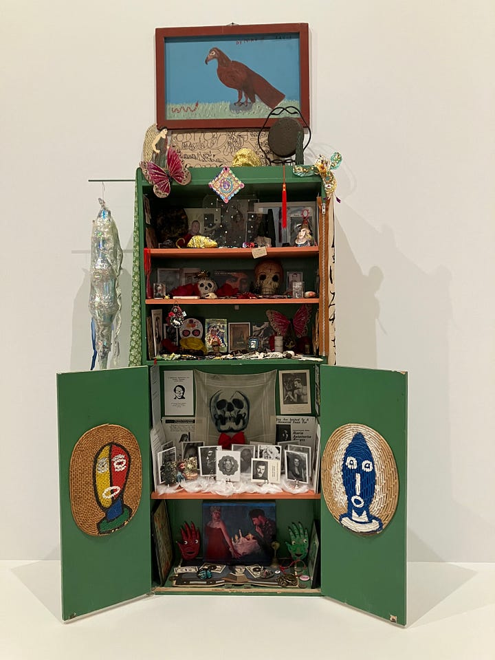 two photographs of shrines made of wood and painted red (left) and green), filled with small symbolic objects.