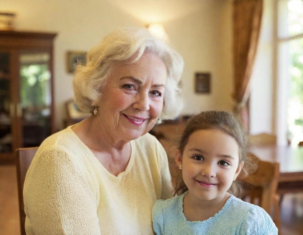 Tight portrait of smiling 82-year-old white woman with gray hair and in a yellow sweater with her smiling four-year-old great granddaughter next to her in their home’s formal dining room. 