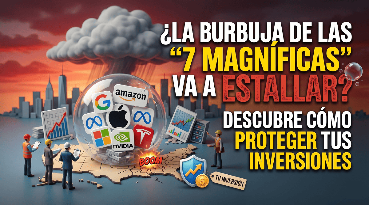 Ilustración conceptual sobre la posible burbuja financiera de las 7 Magníficas de EE. UU., con logos tecnológicos en una burbuja de cristal sobre un mapa y gráficos de acciones.