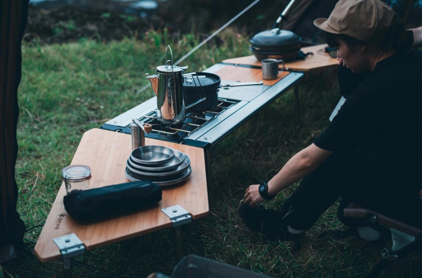 Outdoor cooking setup with Snow Peak camping equipment Outdoor cooking setup with Snow Peak camping equipment