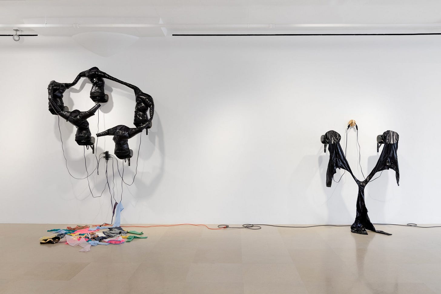 Installation view of two black sculptures in a white gallery space. Installation view of two black sculptures in a white gallery space.