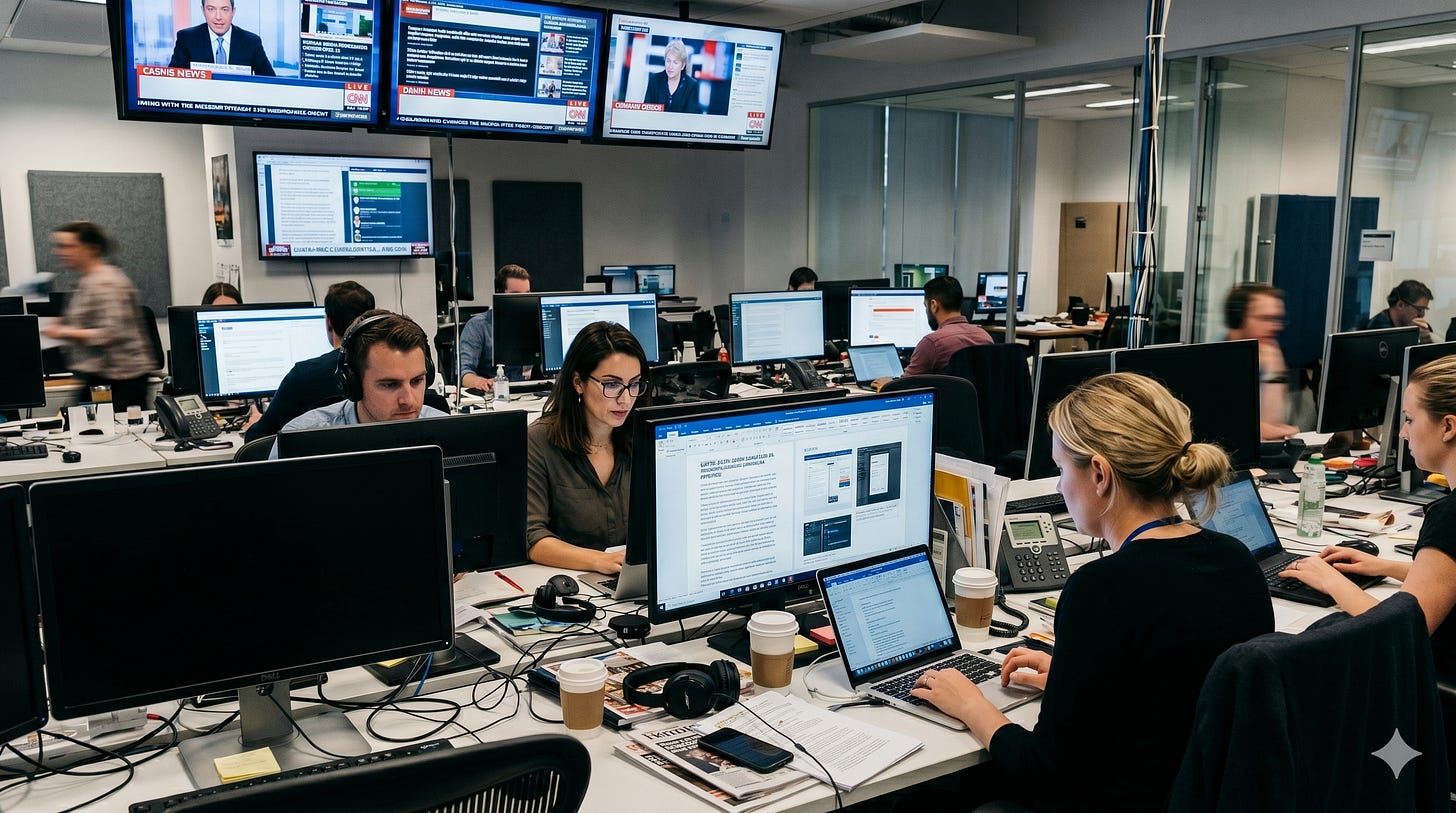 A busy, modern digital newsroom filled with multiple rows of desks, computer monitors, and journalists intensely focused on their screens. Overhead television monitors display live news broadcasts. In the foreground, a woman with her hair in a bun sits at a desk typing on a laptop, a coffee cup and documents beside her, capturing a sense of deep focus amidst an open, active office environment.