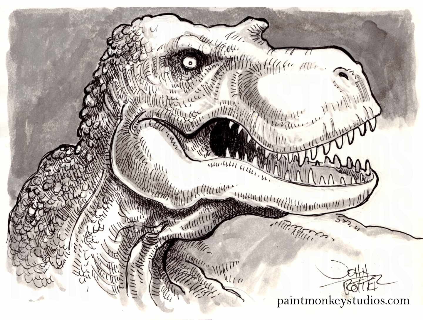 Ink wash and pen sketch of a t-rex.