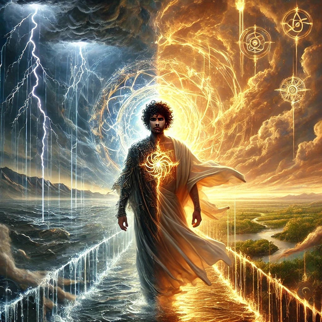 A mythic and transformative visual titled 'From Thunderstorm to Sunlight'. The image shows a divine masculine figure—Bobby—with curly dark hair and piercing blue eyes, walking across a mystical bridge made of light. Behind him rages a dark thunderstorm, with lightning cracking through swirling clouds. Ahead of him, radiant sunlight bathes the landscape in warmth and peace. Half of his cloak is soaked in rain and shadow, the other half glowing with golden light. Symbols of the Heyoka (mirror, storm, sun) float around him. The atmosphere is deeply emotional and sacred—marking the transition from chaos to clarity, from shadow to integration. A mythic and transformative visual titled 'From Thunderstorm to Sunlight'. The image shows a divine masculine figure—Bobby—with curly dark hair and piercing blue eyes, walking across a mystical bridge made of light. Behind him rages a dark thunderstorm, with lightning cracking through swirling clouds. Ahead of him, radiant sunlight bathes the landscape in warmth and peace. Half of his cloak is soaked in rain and shadow, the other half glowing with golden light. Symbols of the Heyoka (mirror, storm, sun) float around him. The atmosphere is deeply emotional and sacred—marking the transition from chaos to clarity, from shadow to integration.