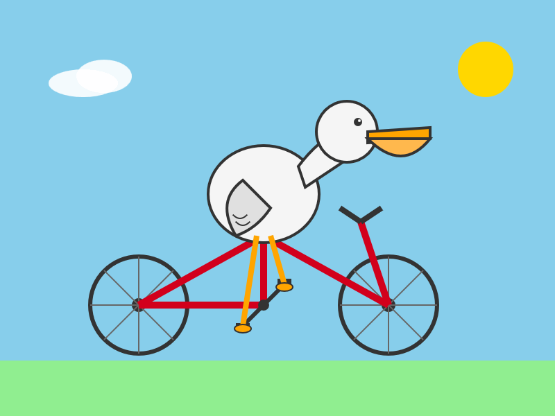 The bicycle frame is entirely the wrong shape but in a different way. Lines are more bold. Pelican looks a bit more like a pelican. The bicycle frame is entirely the wrong shape but in a different way. Lines are more bold. Pelican looks a bit more like a pelican.