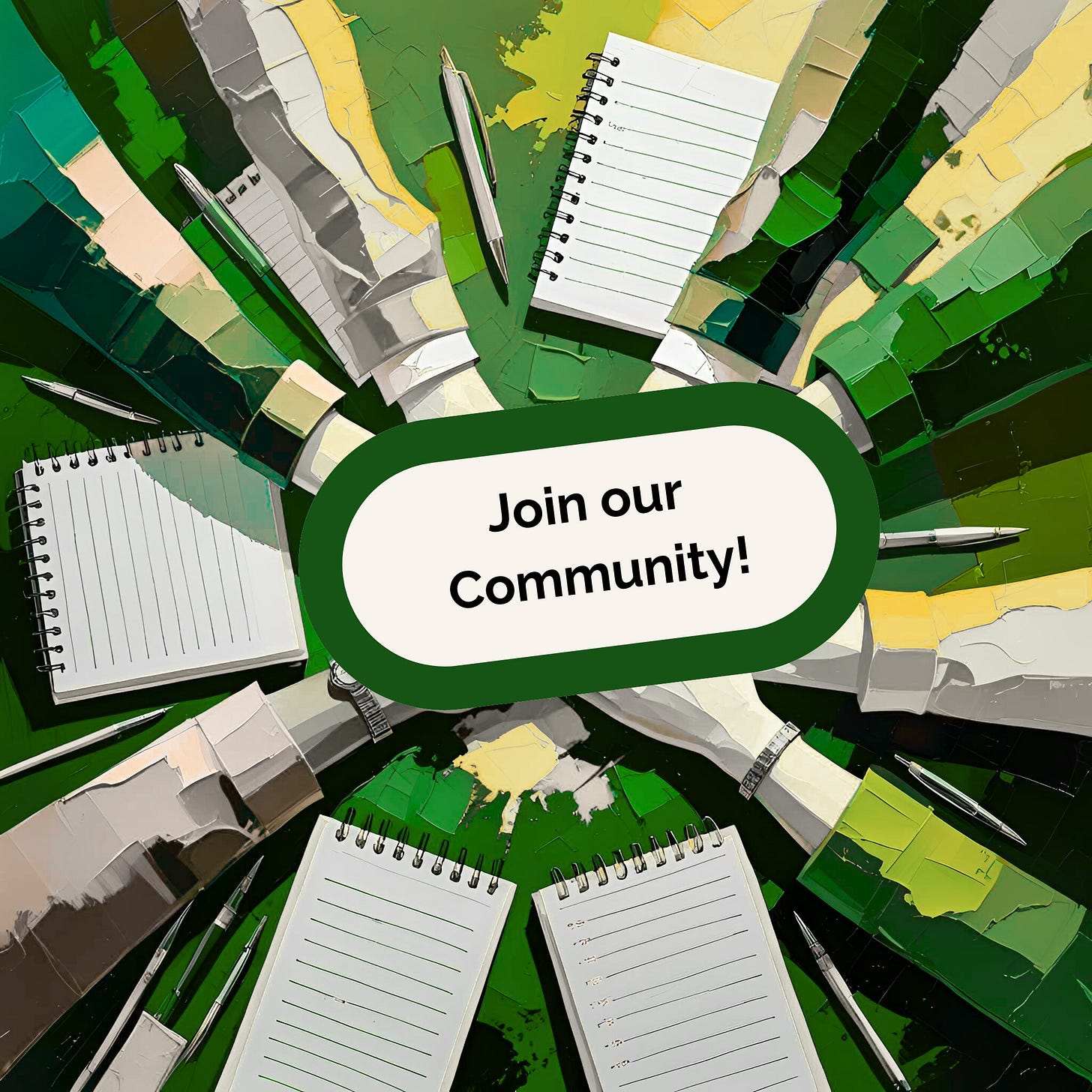 Abstract image of notepads, pens and people hands joining in the middle of a table behind a button saying: Join our community