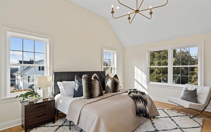 Primary bedroom and basement rec room