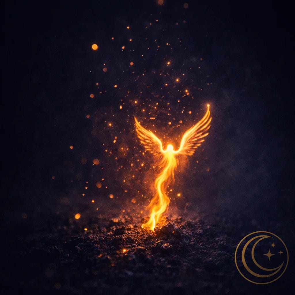 MoonInMental aromatherapy image for Saturn-Neptune exact conjunction February 2026. Golden embers rising from ash with flame taking wing shape representing phoenix transformation and emotional integration.