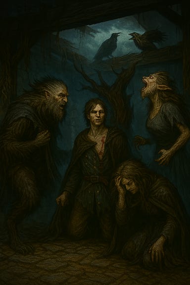 A dark fantasy scene showing the Martikov family shifting from wereraven form back to human form on the ruined loading dock of the Wizard of Wines Winery. The mist is parting as feathers collapse into cloaks and talons soften into hands. The transformation is quiet and solemn. Davian Martikov stands tall, his grey hair slicked with rain, wings folding into his back. Adrian Martikov, bloodied but smiling, meets Silverleaf’s gaze. Elvir and Stefania hold each other, their forms mid-shift, with feathers fading into skin. The broken dock is strewn with ash, feathers, and shattered barrels. Overhead, ravens wheel in gentle arcs as the storm begins to clear.